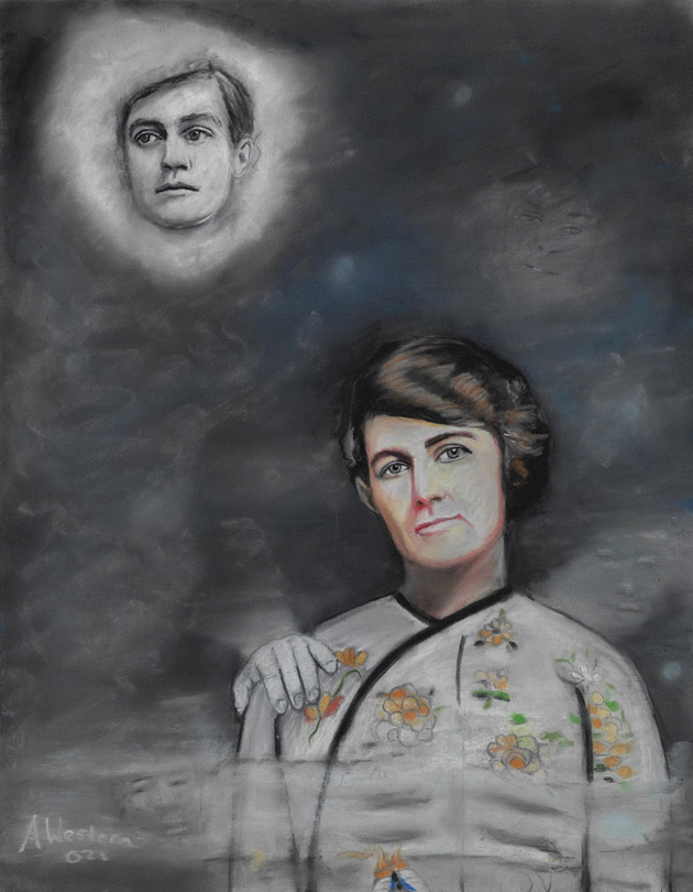 Canadian medium Margery Crandon seen at an evening séance. Canadian medium Margery Crandon seen at an evening séance.